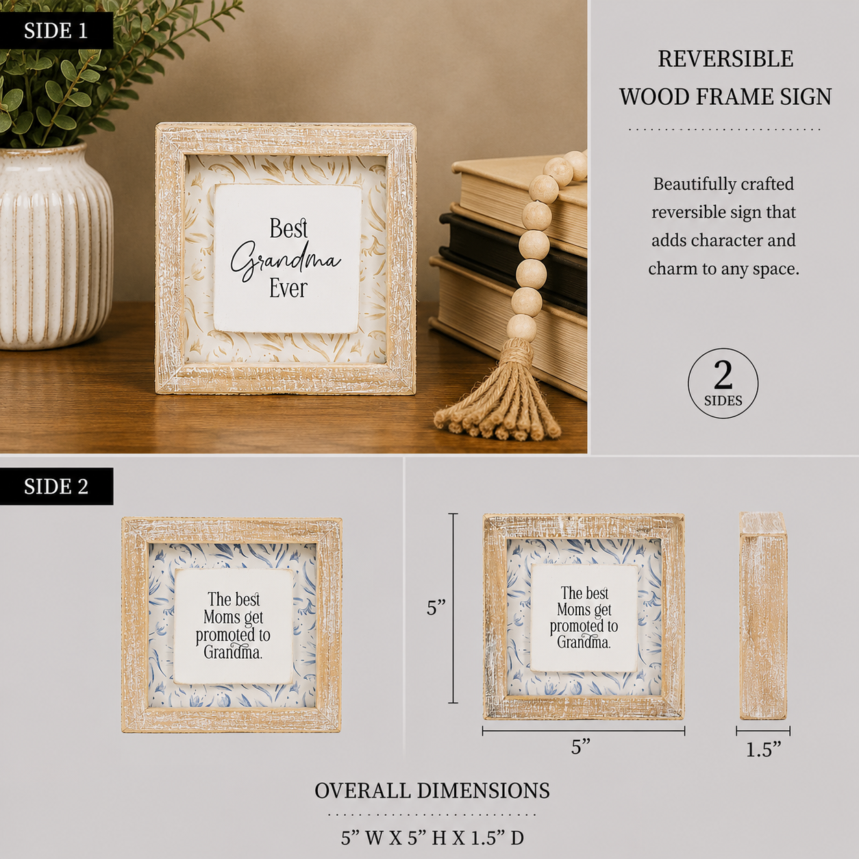 5" Reversible Wood Framed Sign - Grandma