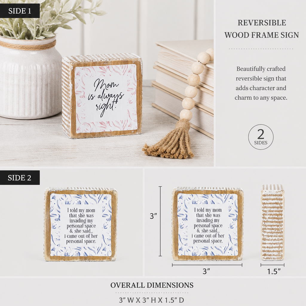 3" Reversible Wood Framed Sign - Space/Mom