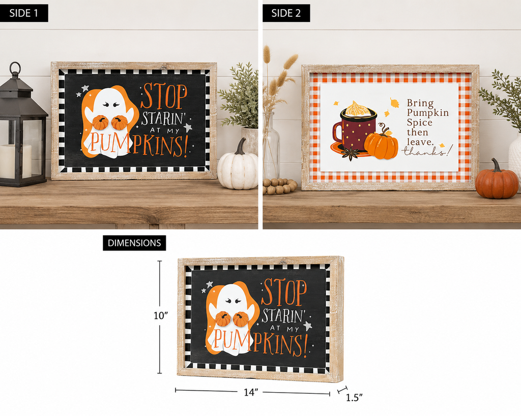 14" x 10" Reversible Wood Framed Wall Art - Pumpkins/Thanks | Multicolor