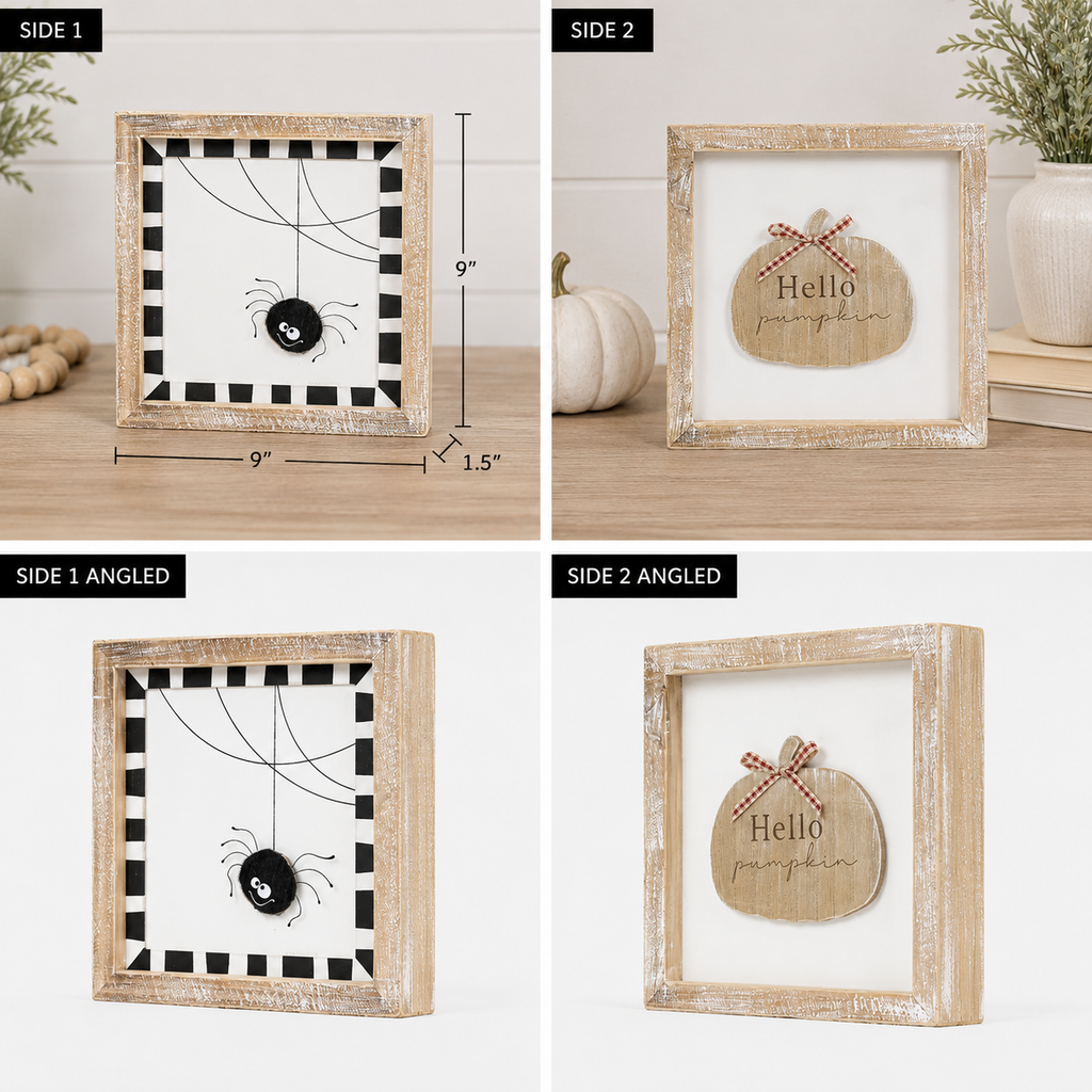 9" Reversible Wood Framed Sign - Spider/Pumpkin | Multicolor