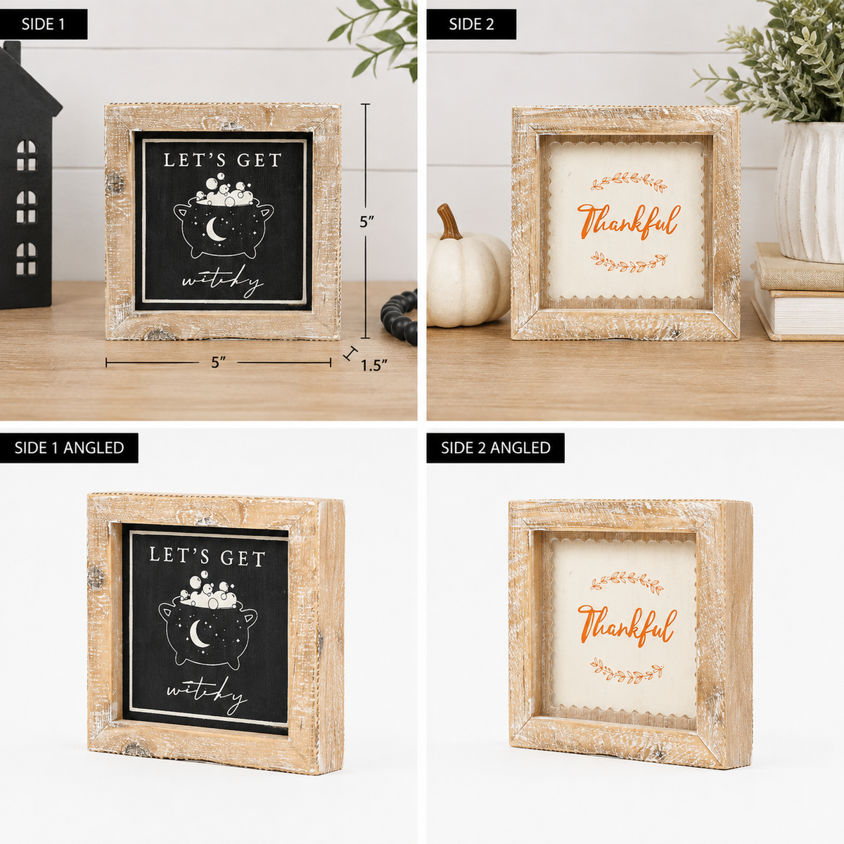 5" Reversible Wood Framed Sign - Witchy/Thankful