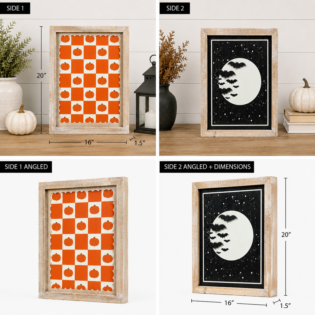 10" x 13" Reversible Wood Framed Sign - Moon and Pumpkin | Multicolor