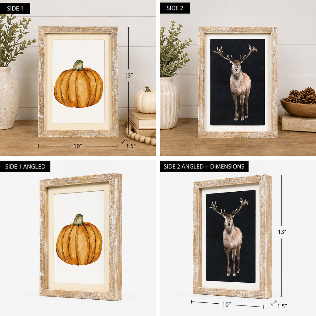 10" x 13" Reversible Wood Framed Sign - Reindeer and Pumpkin | Multicolor