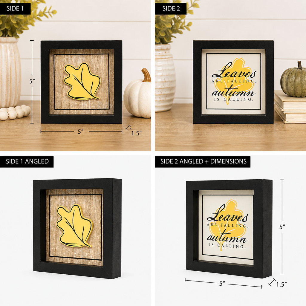 5" Reversible Wood Framed Sign - Leaf/Autumn