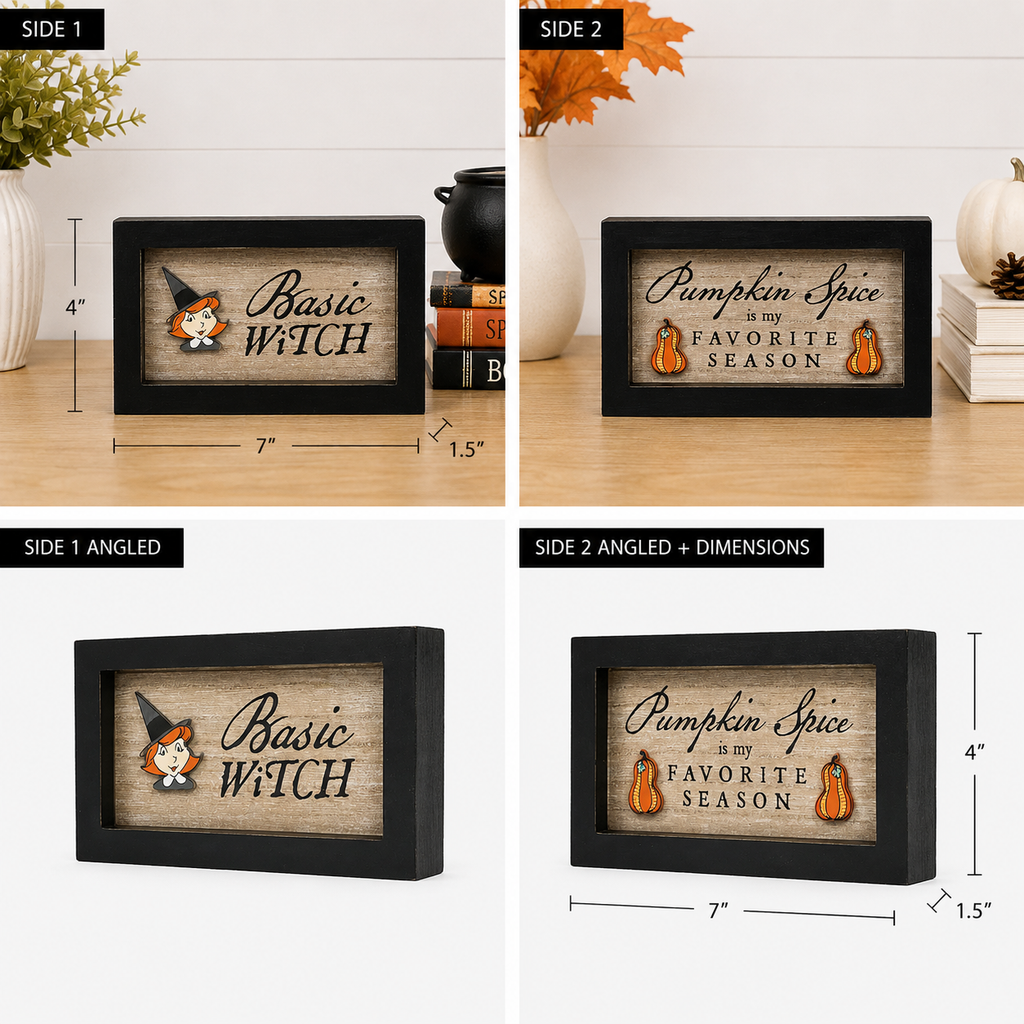 7" x 4" Reversible Wood Framed Sign - Witch/Spice | Multicolor