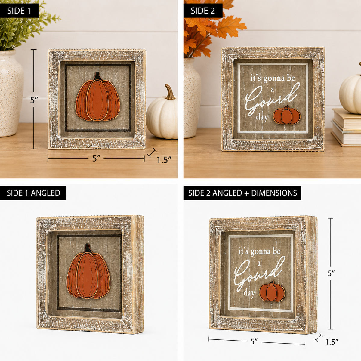 5" Reversible Wood Framed Sign - Pumpkin/Gourd Day