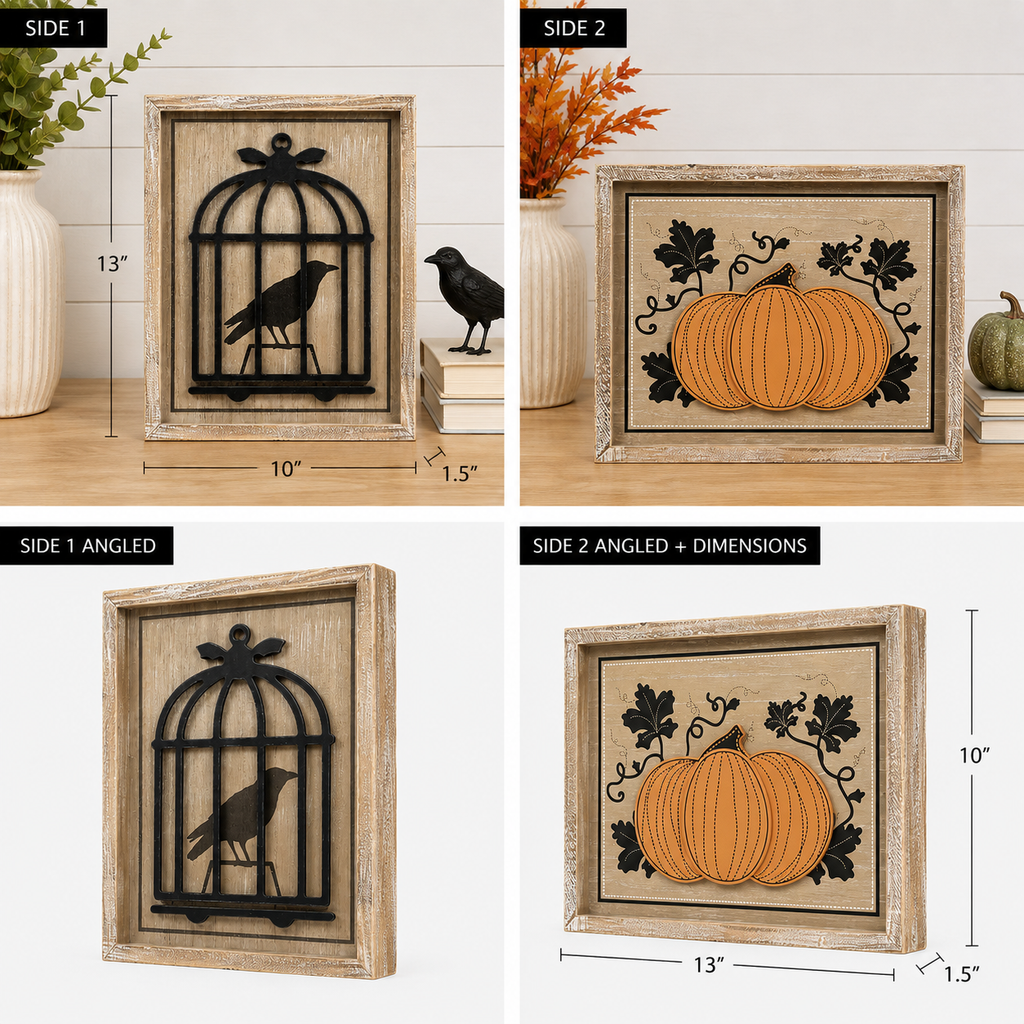 10" x 13" Reversible Wood Framed Sign - Cage and Pumpkin | Multicolor