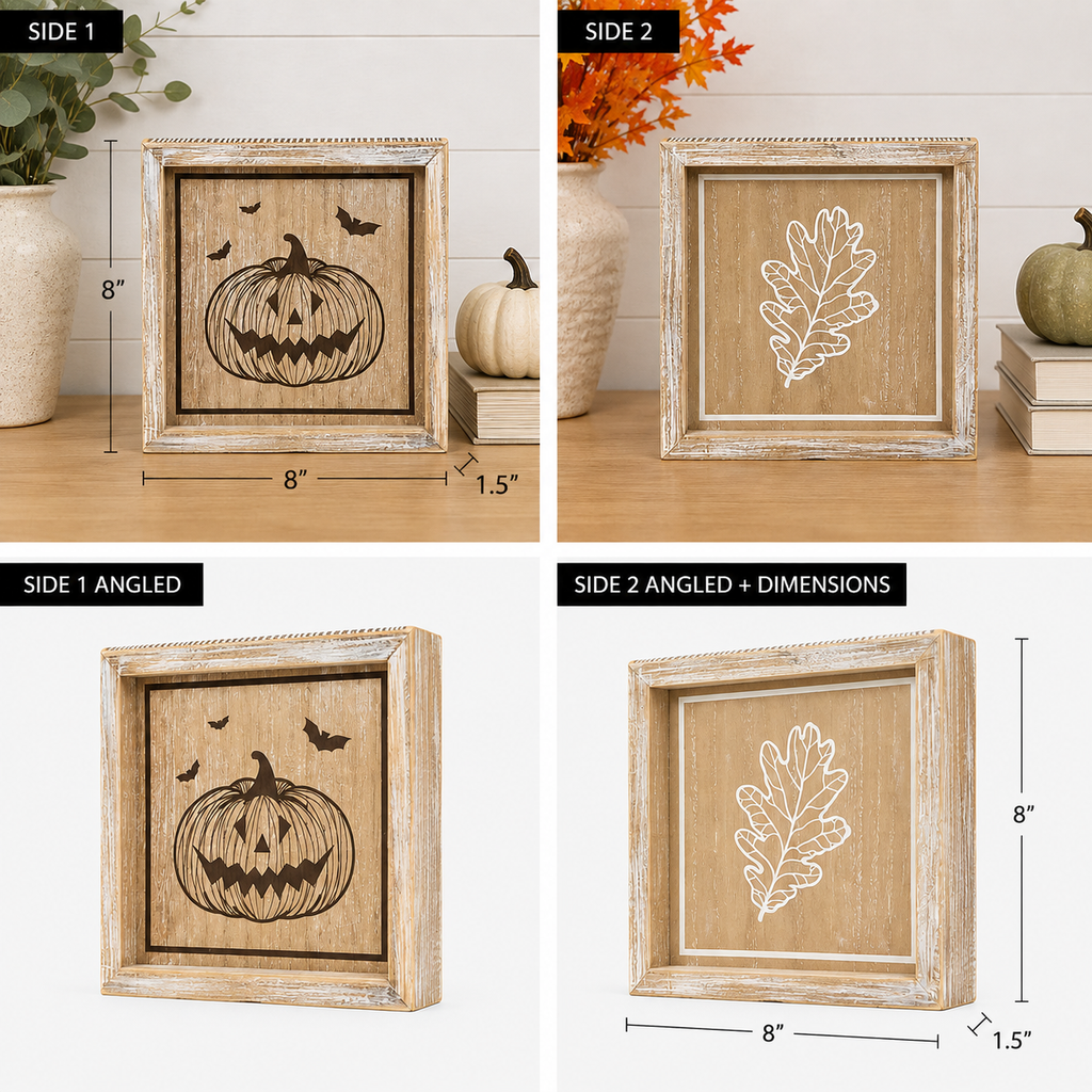 8" Reversible Wood Framed Sign - Leaf and Jack O Lantern | Natural, White and Black