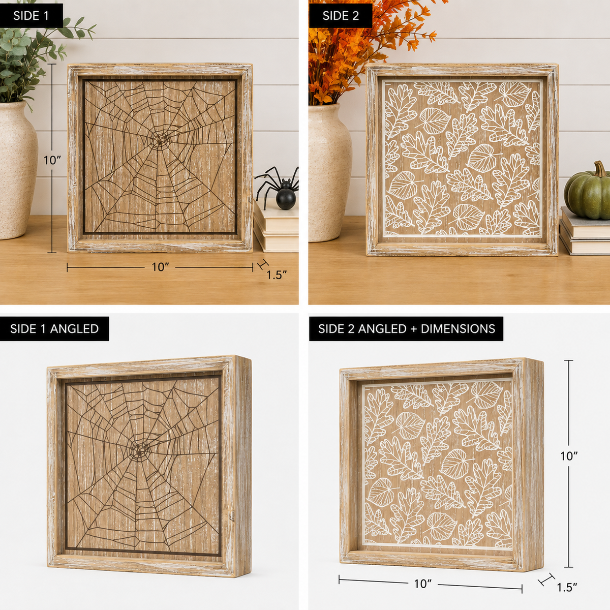10" Reversible Wood Framed Sign - Web and Leaves | Multicolor