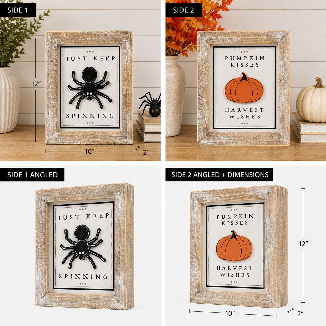10" x 12" Reversible Wood Framed Sign - Just Keep Spinning and Pumpkin Kisses | Multicolor