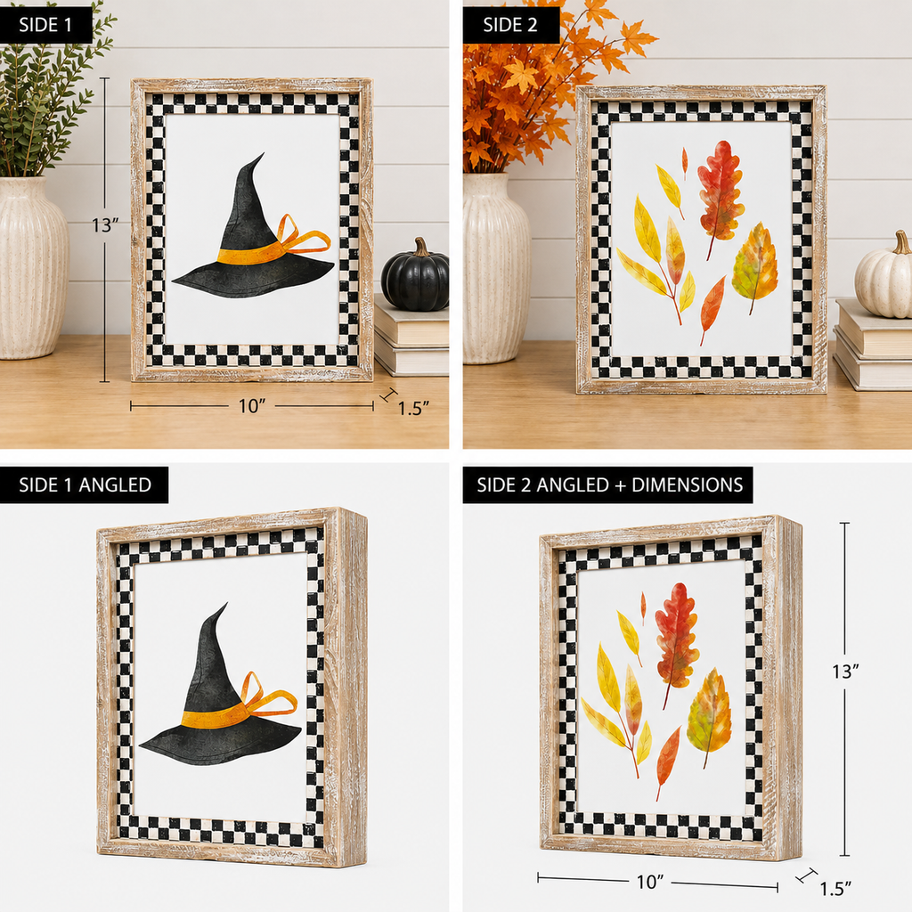 10" x 13" Reversible Wood Framed Sign - Hat and Leaf | Multicolor