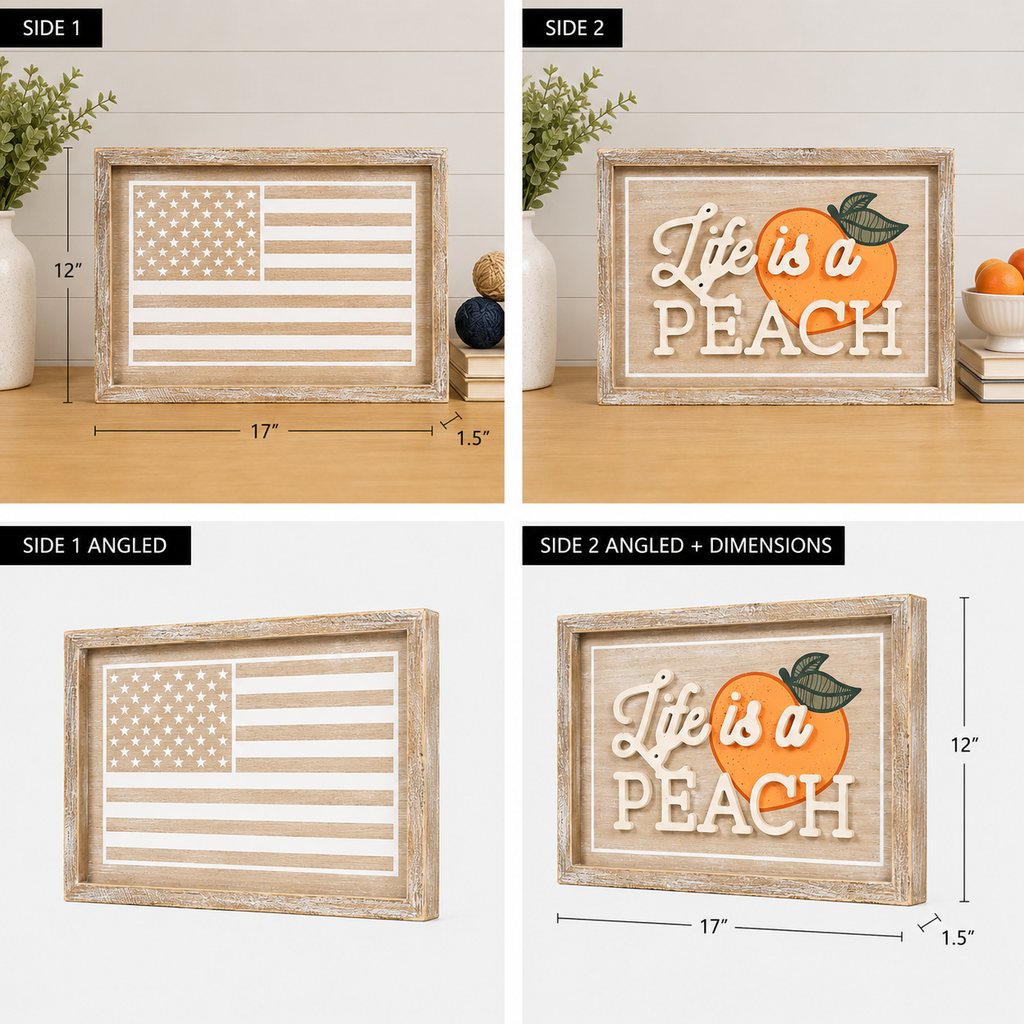 17" x 12"Reversible Wood Framed Wall Art - Life is a Peach and American Flag | Multicolor