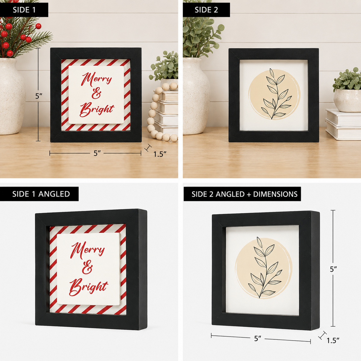 5" Reversible Wood Framed Sign - Merry and Bright/Plant