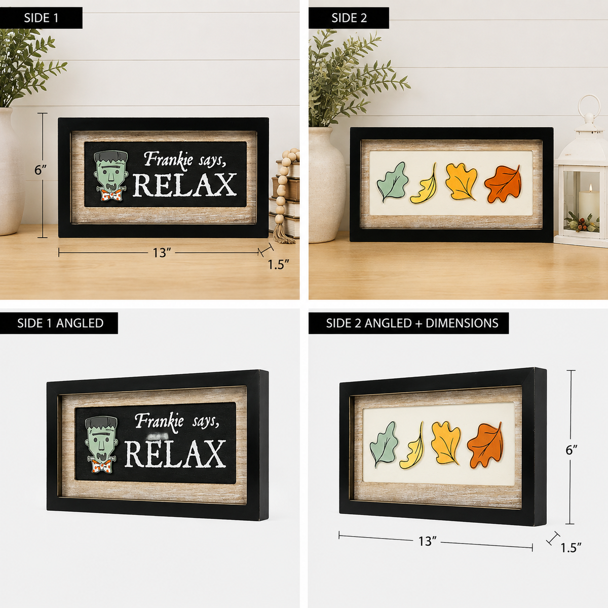 13" x 6" Reversible Wood Framed Sign - Relax/Leaves | Multicolor