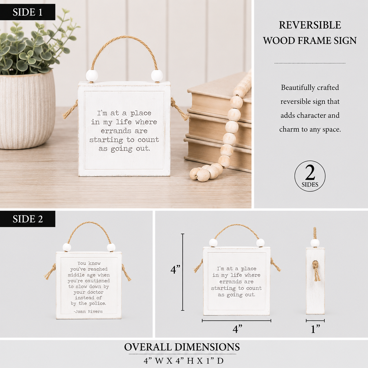 4" Reversible Wood Hanging Sign - Slow and Errands | White and Black