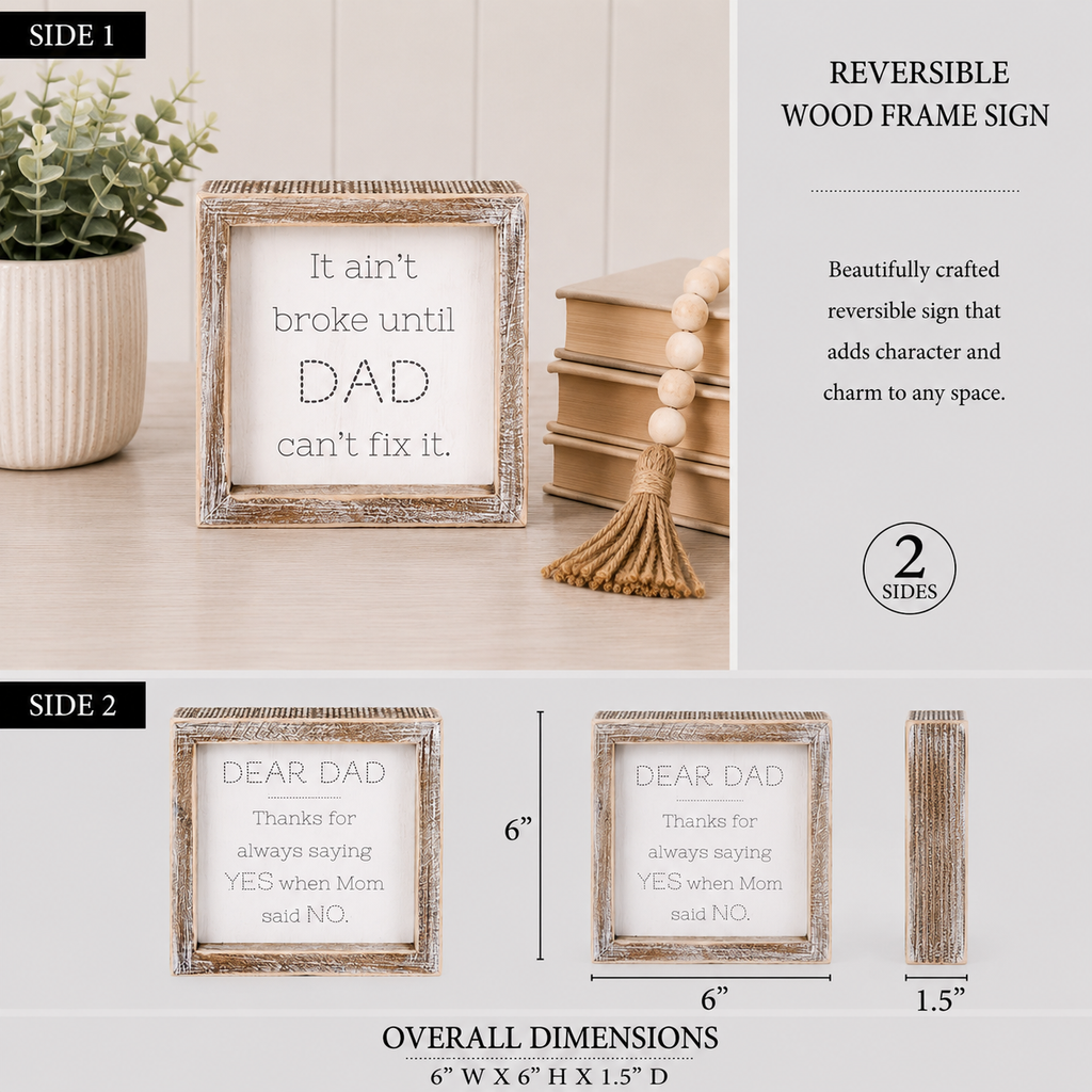 6" Reversible Wood Framed Sign - Dad and Yes | White and Grey