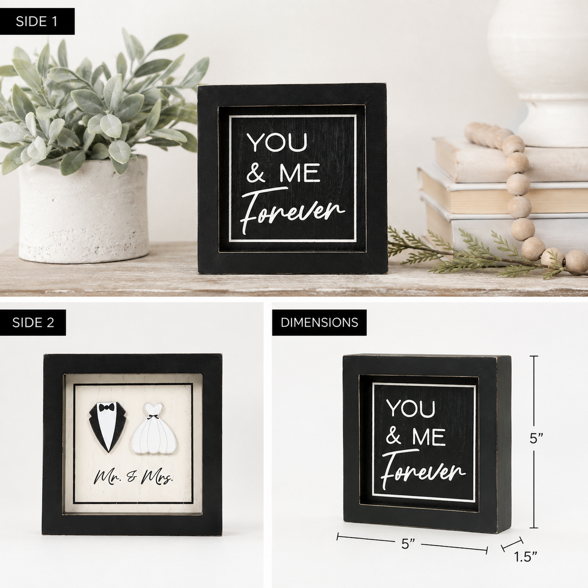 5" Reversible Wood Framed Sign - Mr and Mrs/You and Me