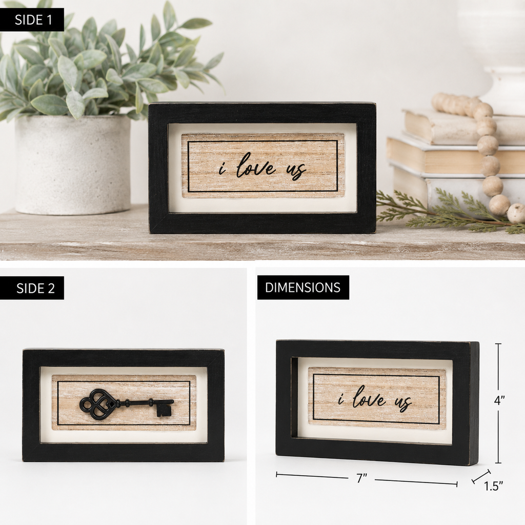 7" x 4" Reversible Wood Framed Sign - Key/Love Us | Multicolor | You and Me Collection