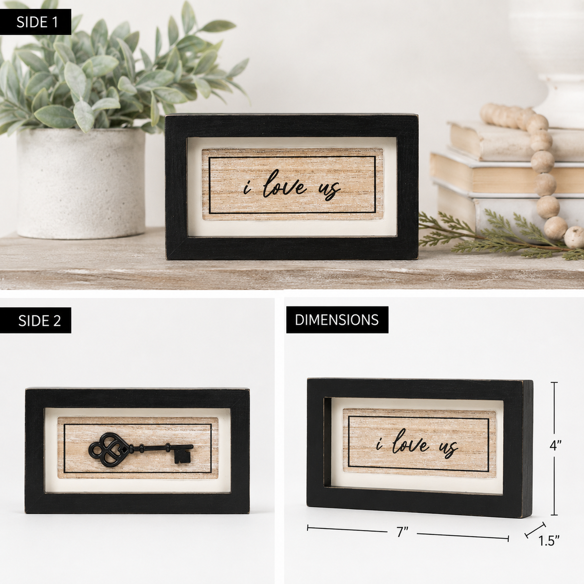 7" x 4" Reversible Wood Framed Sign - Key/Love Us | Multicolor | You and Me Collection