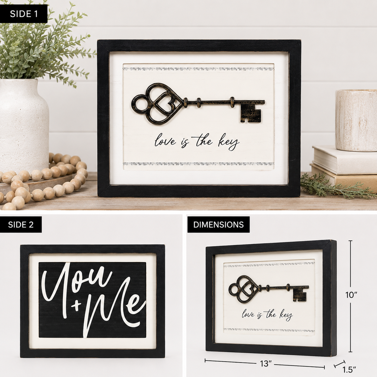 13" x 10" Reversible Wood Framed Sign - Love is the Key/You + Me | White and Black
