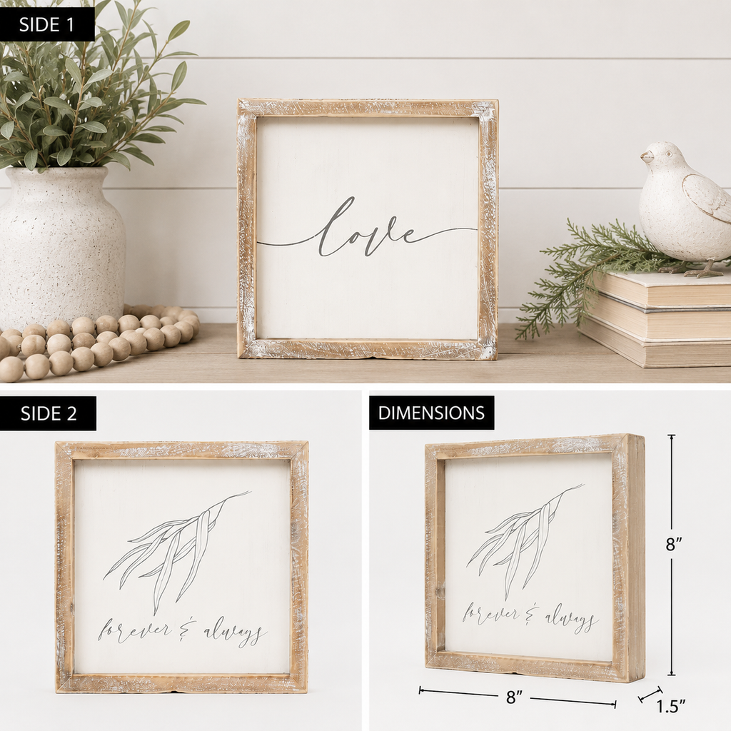 8" Reversible Wood Framed Sign - Forever/Love | White and Gray
