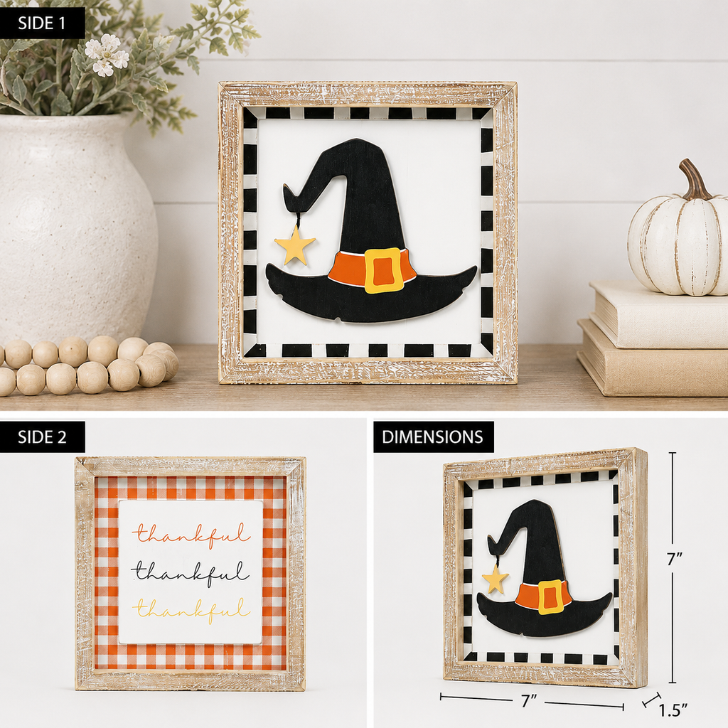 7" Reversible Wood Framed Sign - Hat and Thankful | Multicolor