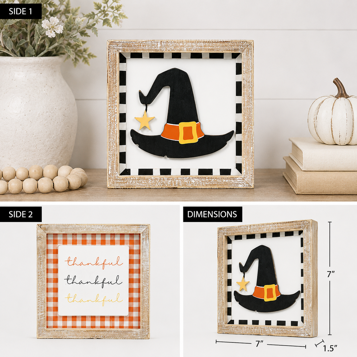 7" Reversible Wood Framed Sign - Hat and Thankful | Multicolor