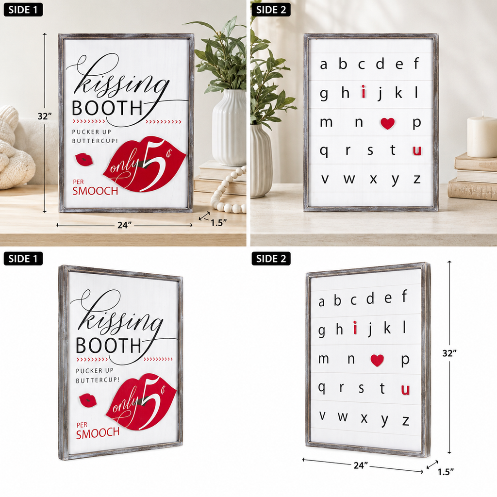24" x 32" Reversible Wood Framed Wall Art - Kissing Booth/Alphabet | White, Red and Black