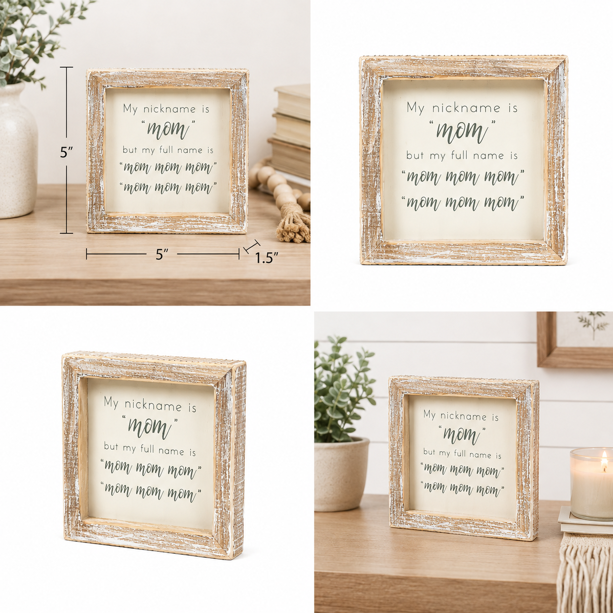 5" Wood Framed Sign - Mom Mom Mom | White and Gray
