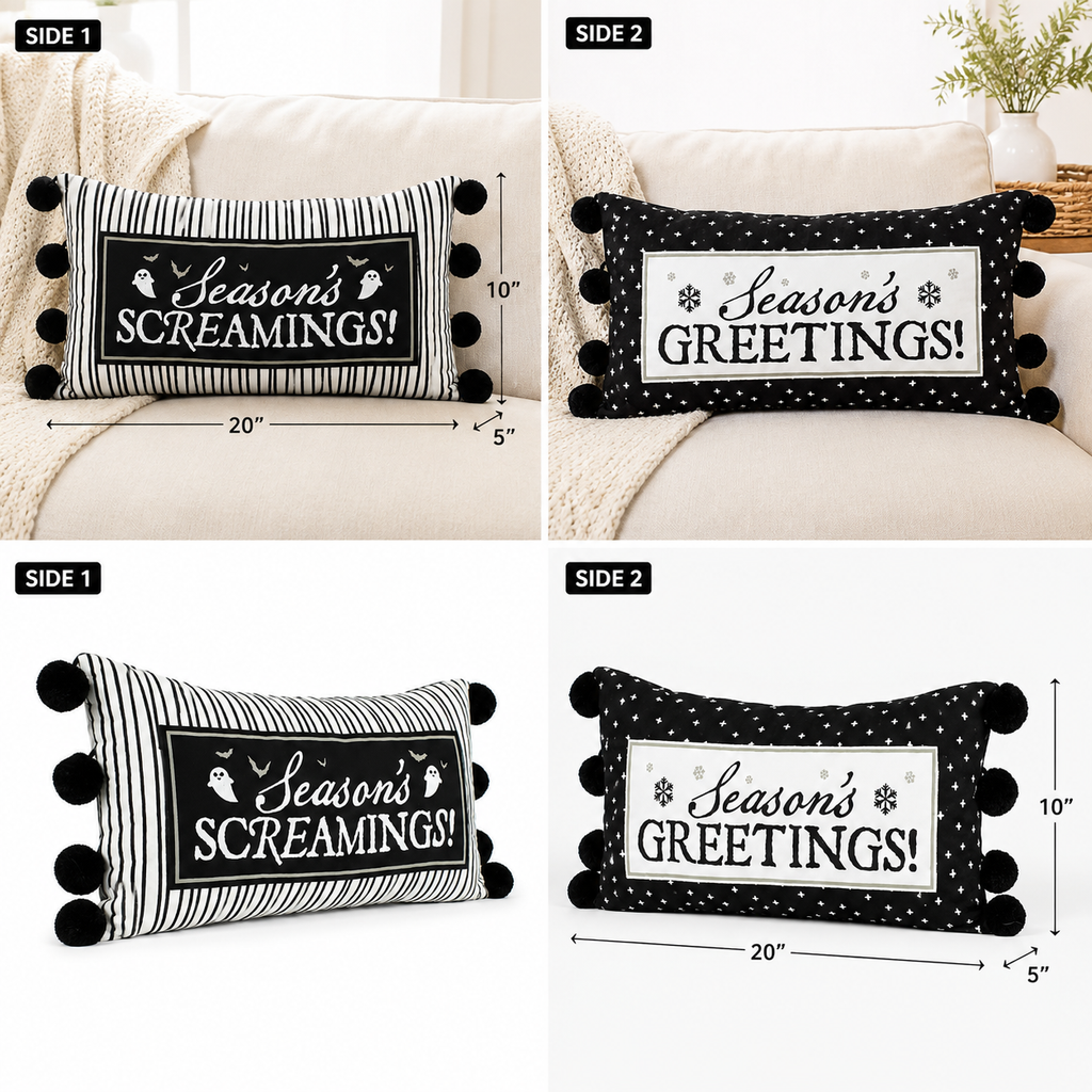20" x 10" Reversible Linen Pillow - Screamings and Greetings | Black, White and Gray