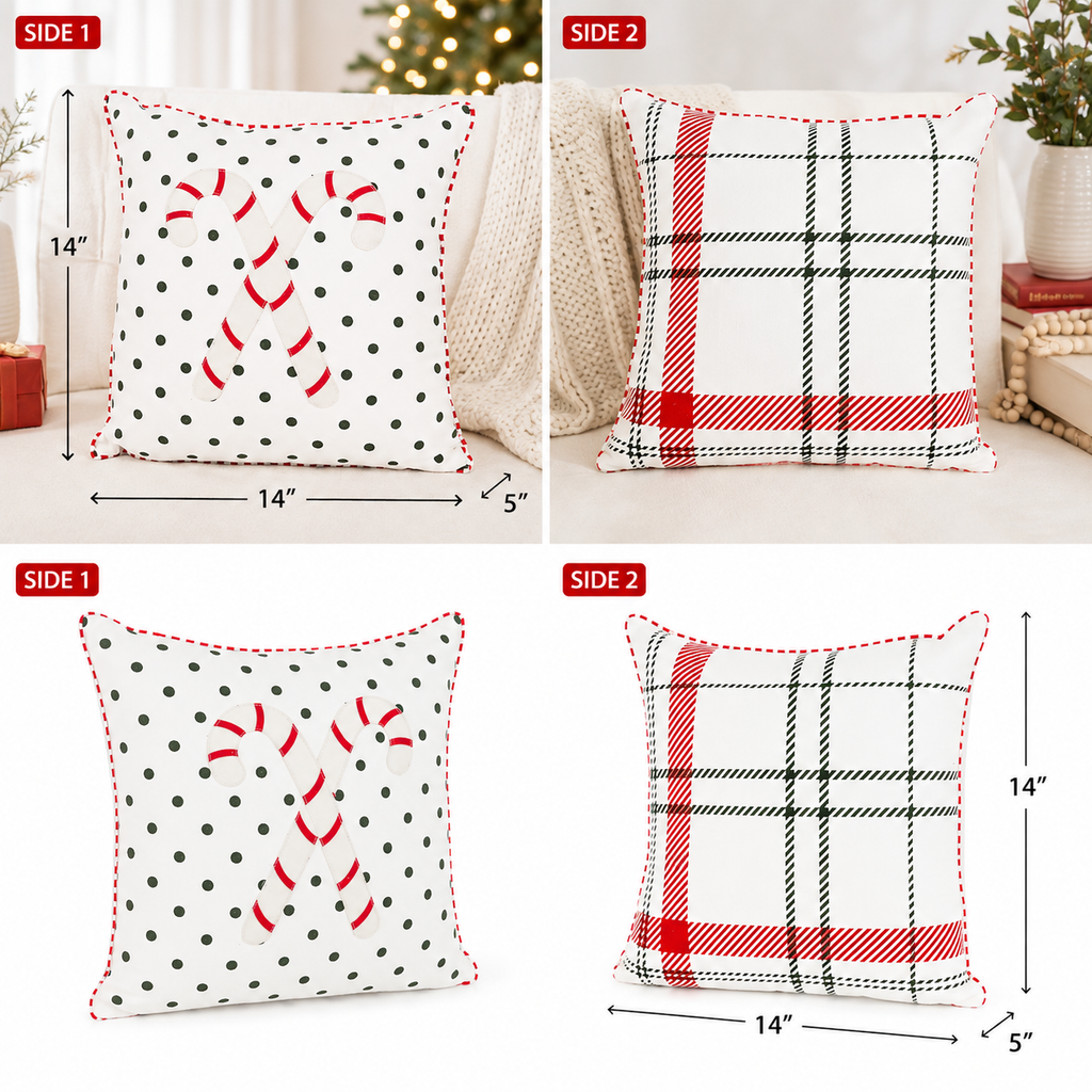 14" Reversible Pillow - Candy Cane | White, Red and Green