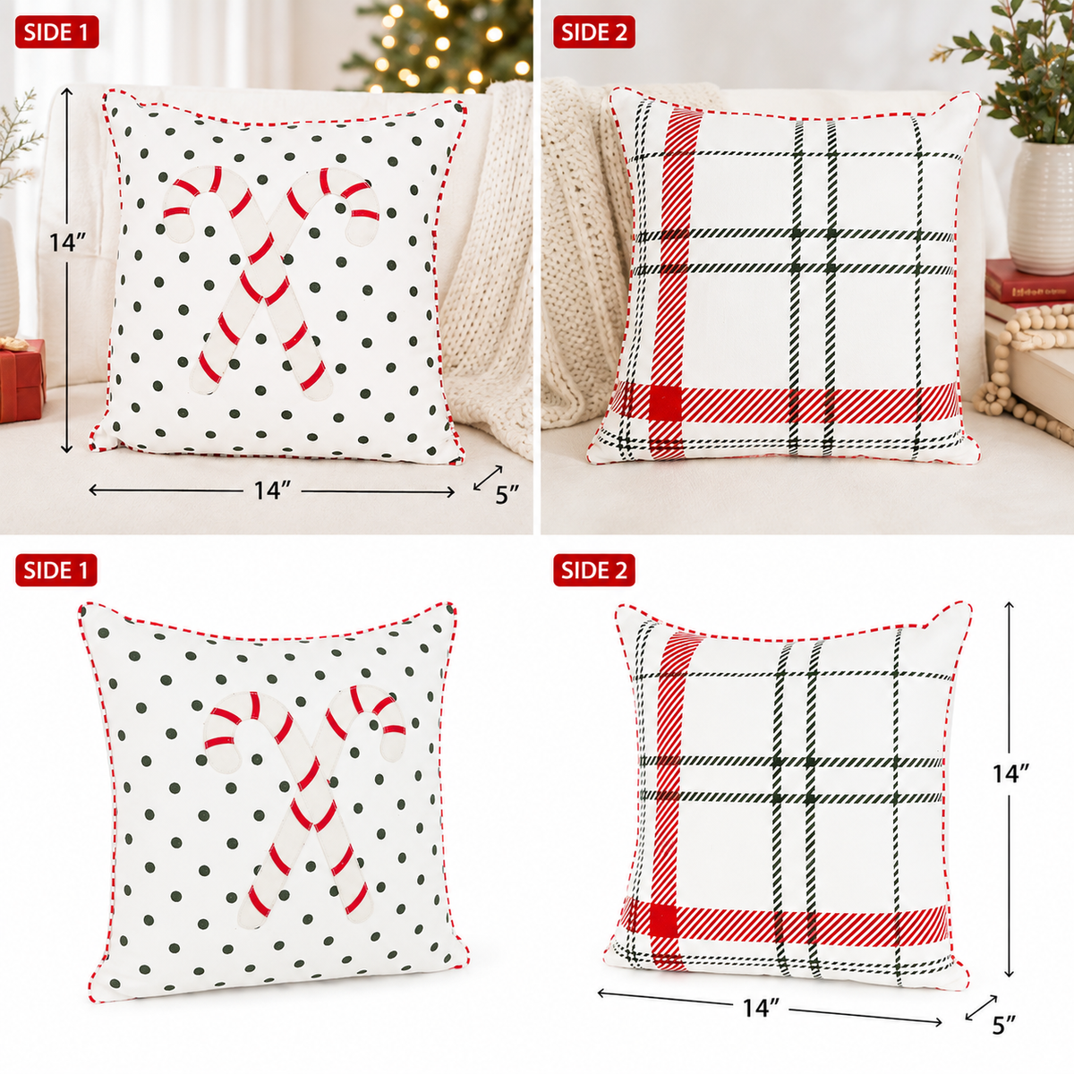 14" Reversible Pillow - Candy Cane | White, Red and Green