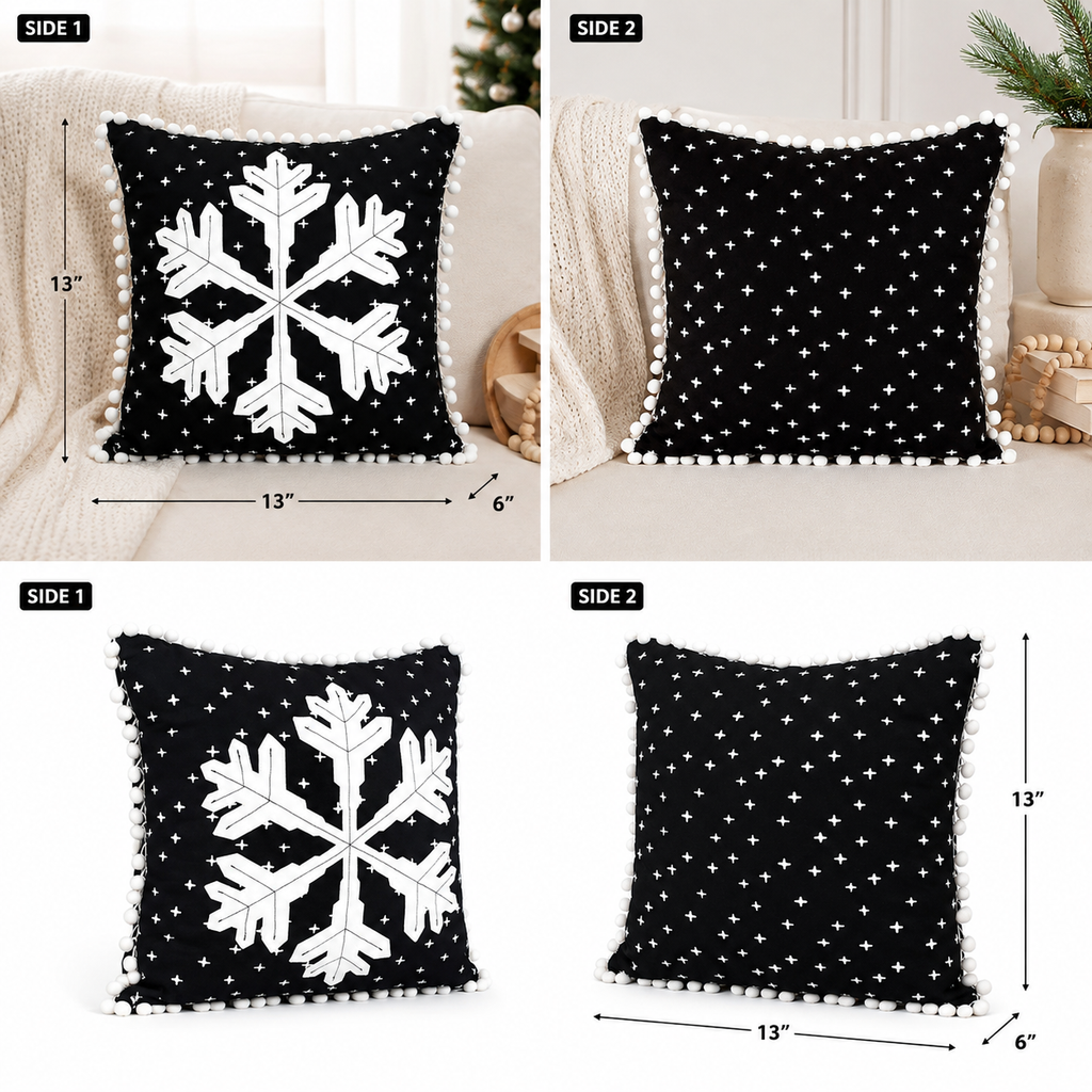 13" Reversible Linen Pillow - Snowflake | Black and White