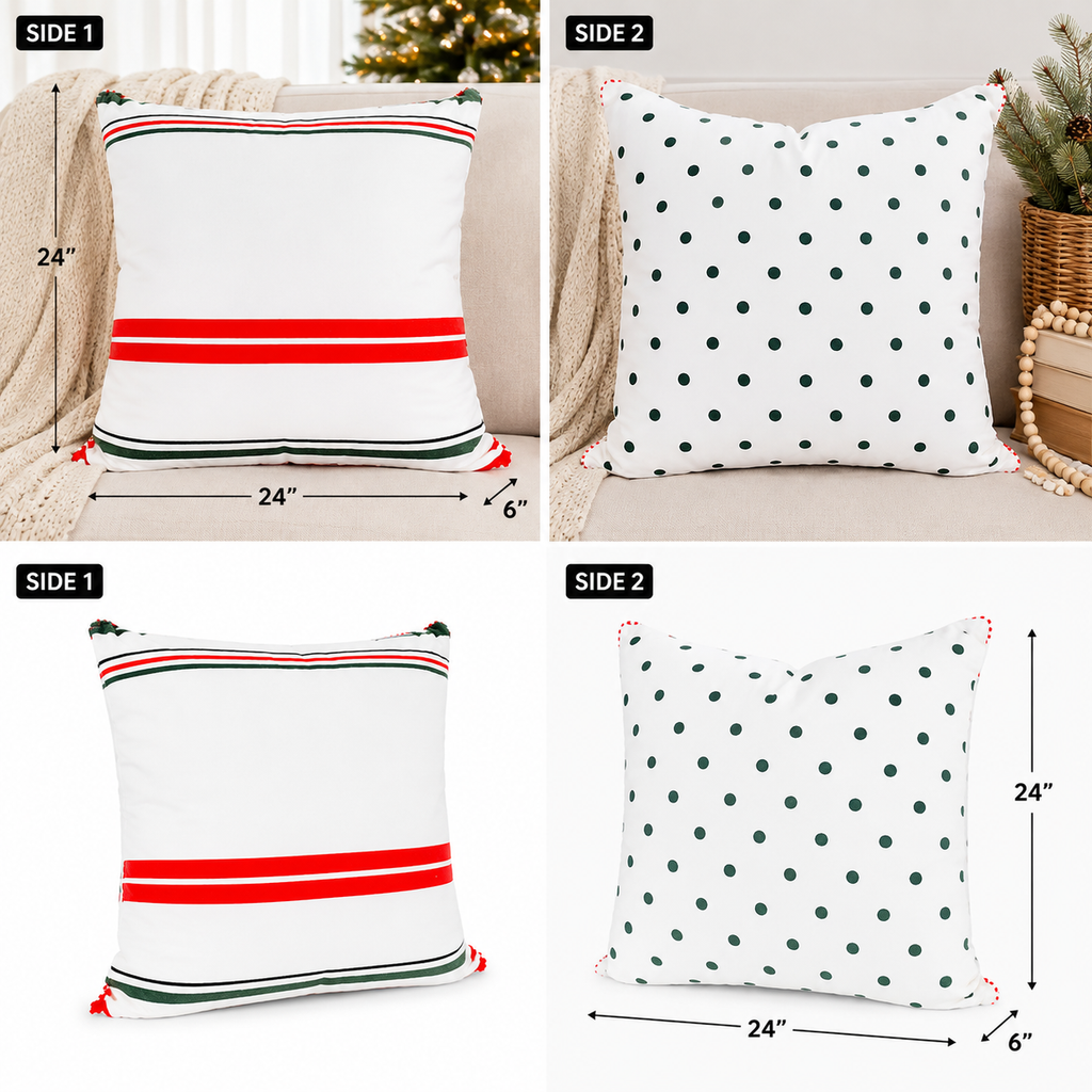 24" Reversible Pillow - Stripe and Polka Dot | White, Red and Green