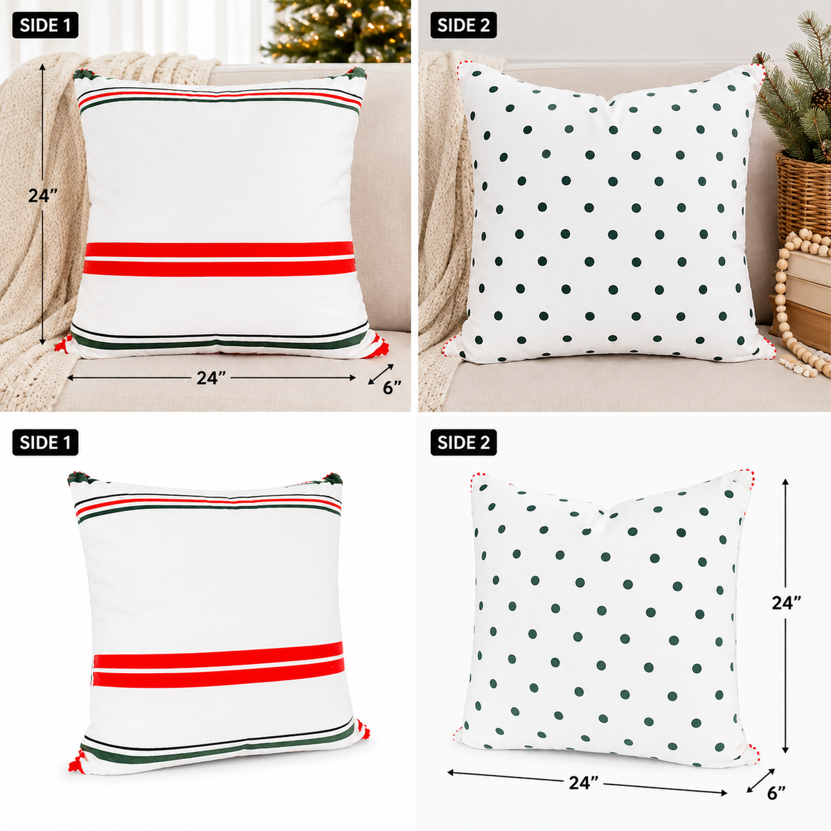 24" Reversible Pillow - Stripe and Polka Dot | White, Red and Green