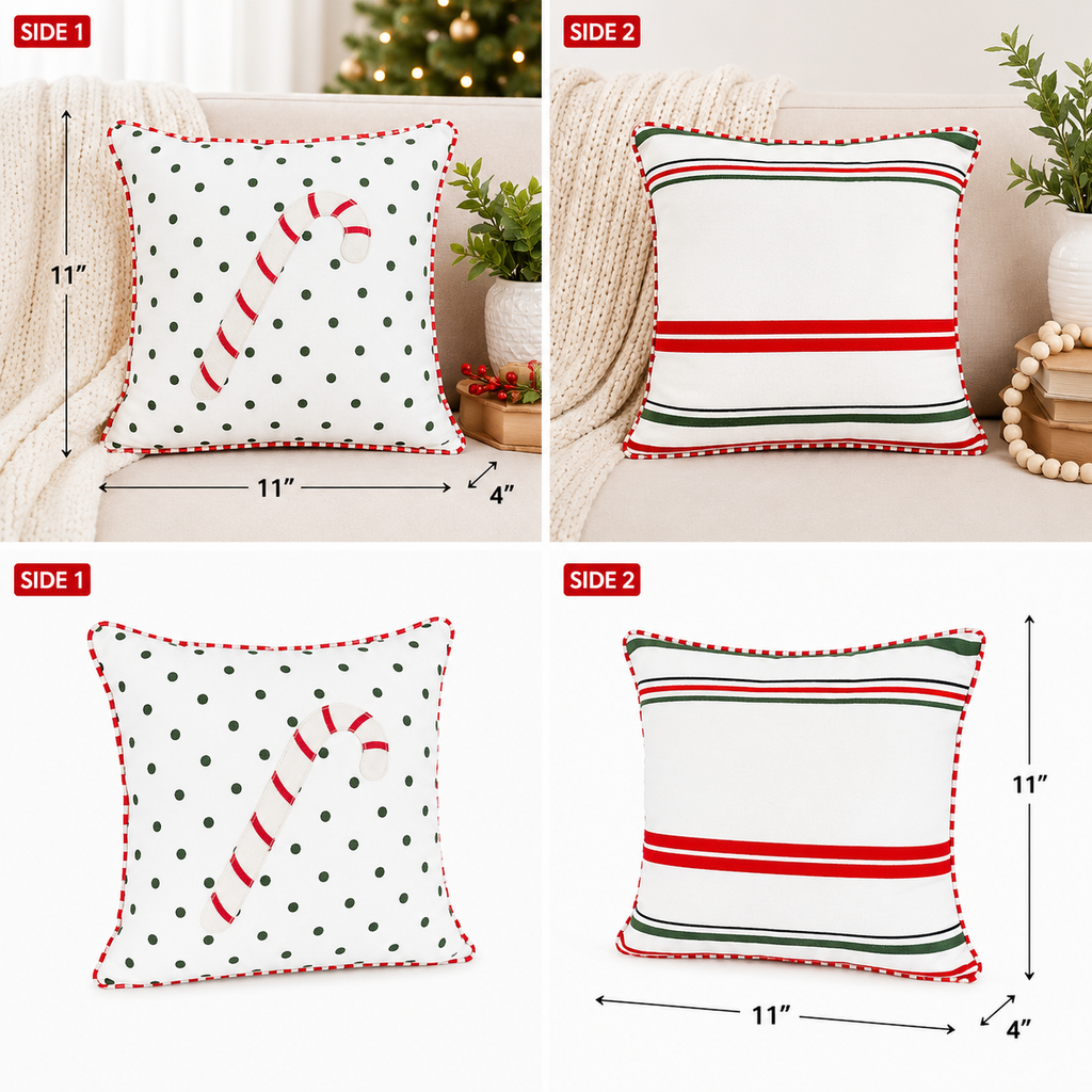 11" Reversible Pillow - Candy Cane and Christmas Stripe | Multicolor