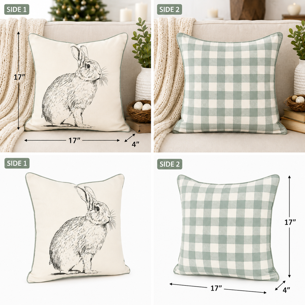 17" Reversible Pillow - Rabbit and Check | Multicolor