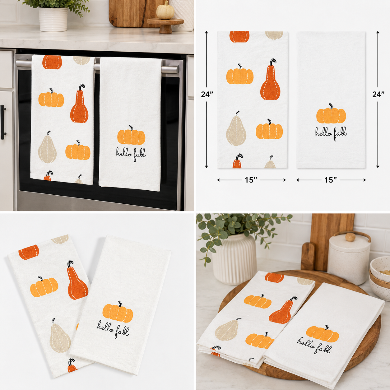 15" x 24" Tea Towel Set - Hello Fall and Pumpkins (Set of 2)