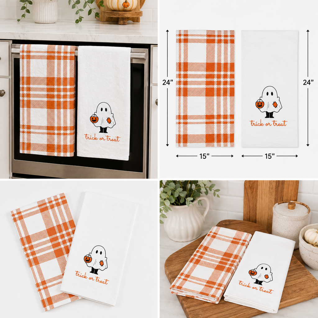 15" x 24" Tea Towel Set - Trick or Treat and Plaid (Set of 2)