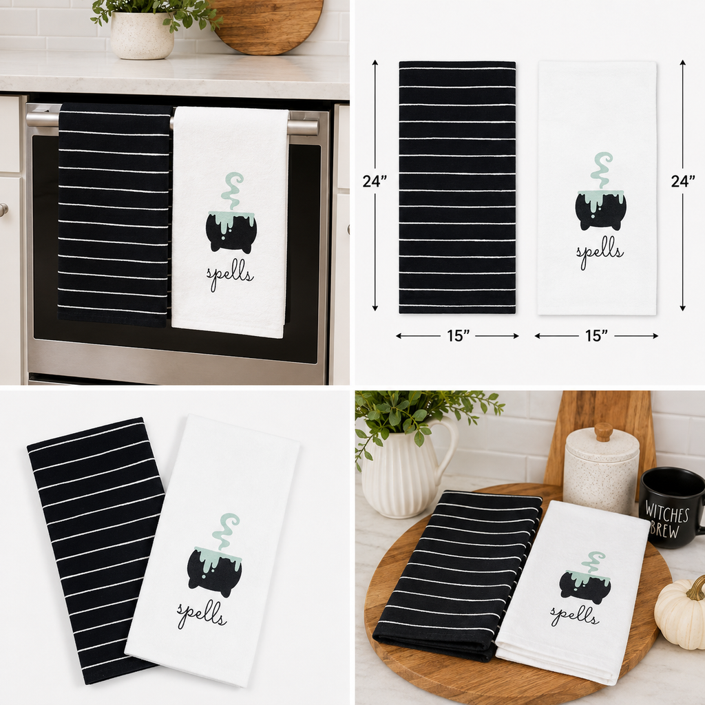 15" x 24" Tea Towel Set - Spell and Stripes | Black and White (Set of 2)