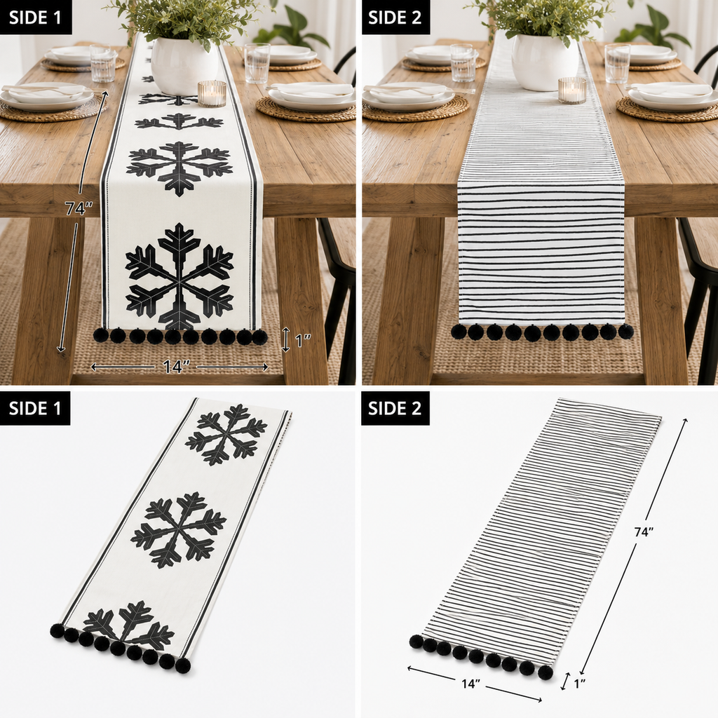 74" x 14" Reversible Linen Table Runner - Stripe & Snowflake | Black & White