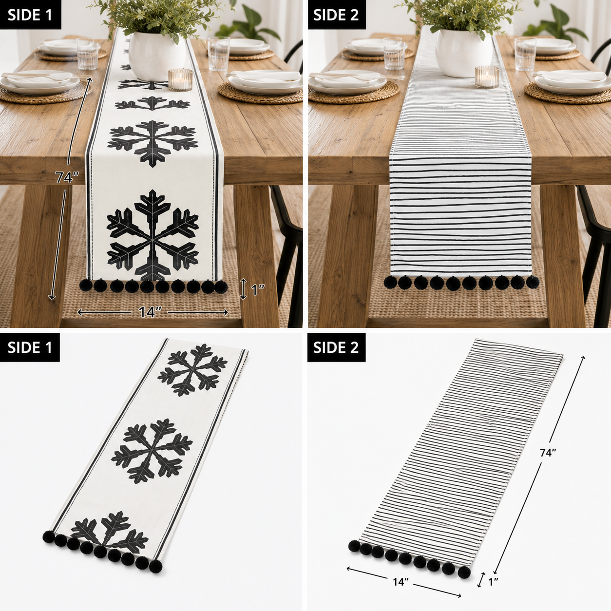 74" x 14" Reversible Linen Table Runner - Stripe & Snowflake | Black & White