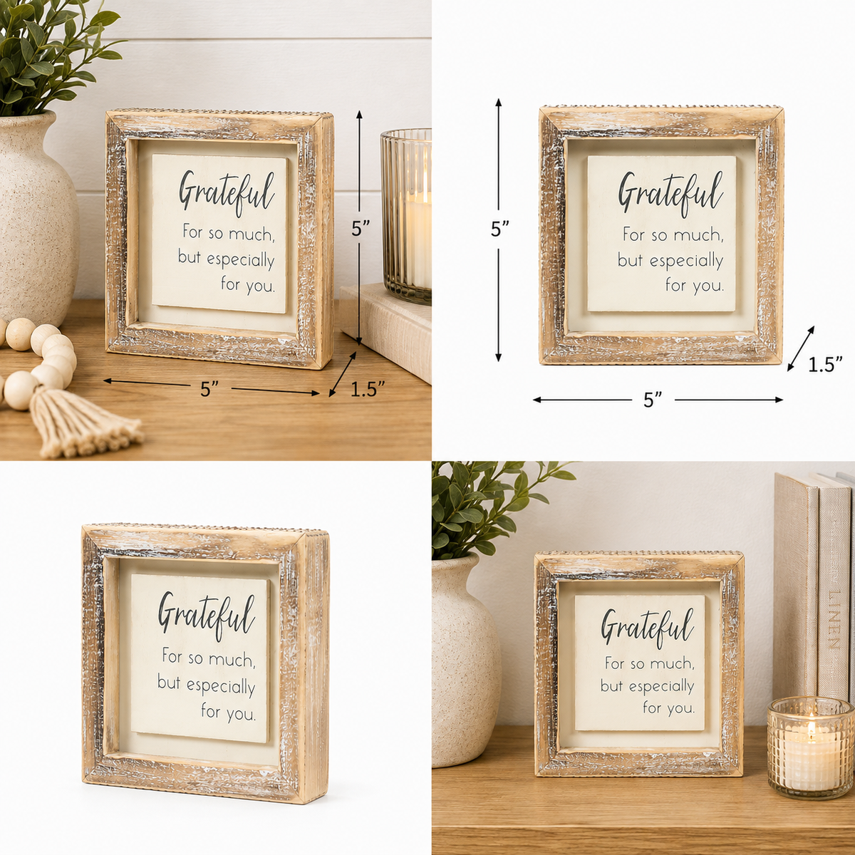 5" Wood Framed Sign - Grateful | White and Gray
