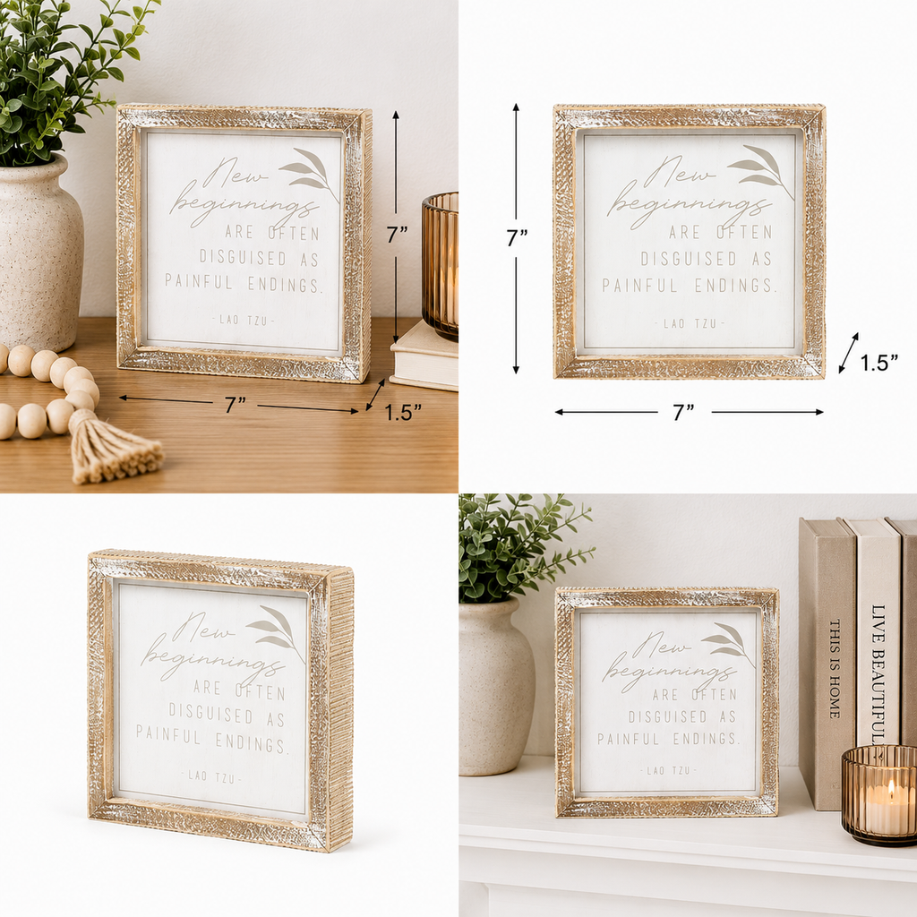 7" Wood Framed Sign - New Beginnings | White and Grey
