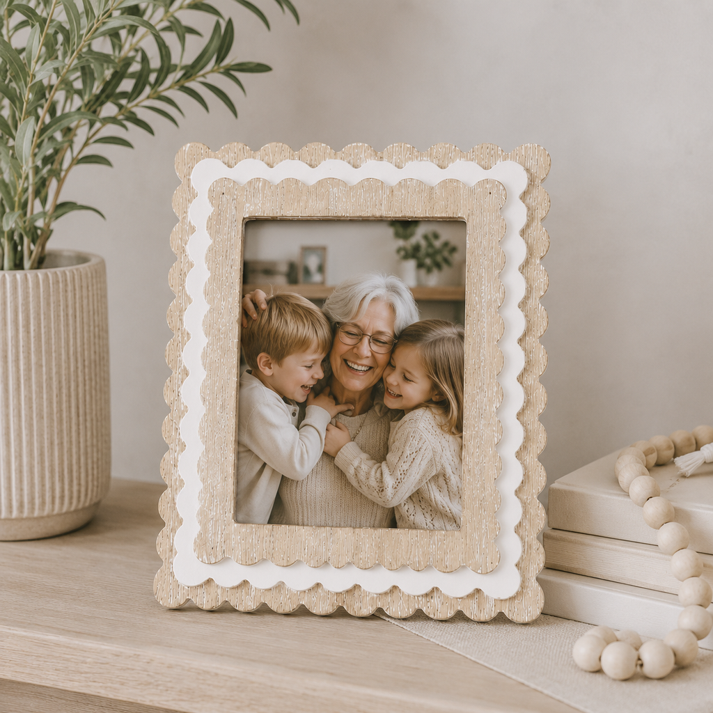 Natural and White scalloped wood picture frame holding a 5x7 photo, front view