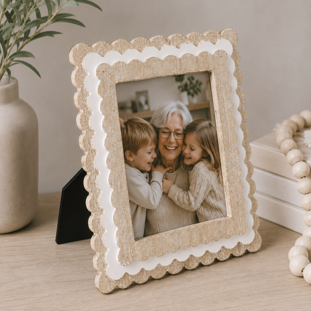 Natural and White scalloped wood picture frame holding a 5x7 photo, angled view