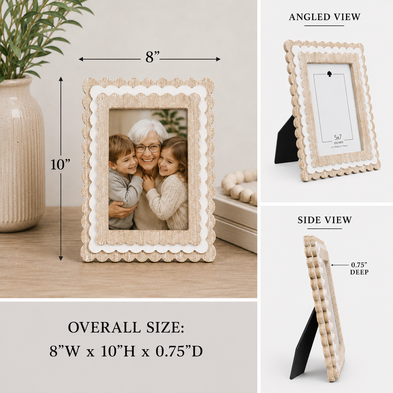 Natural and White scalloped wood picture frame holding a 5x7 photo
