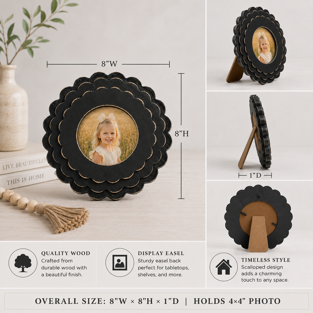 Black round scalloped wood picture frame holding a 4x4 photo