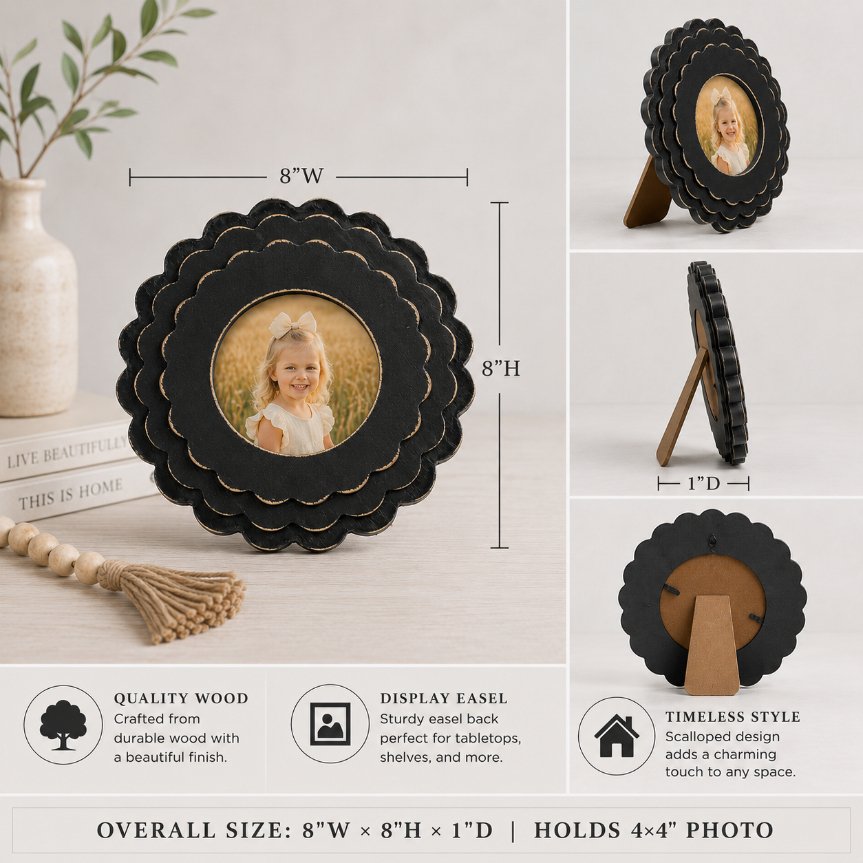 Black round scalloped wood picture frame holding a 4x4 photo