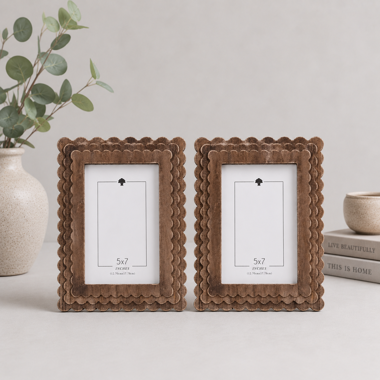 Espresso scalloped wood picture frame holding a 5x7 photo, back easel view